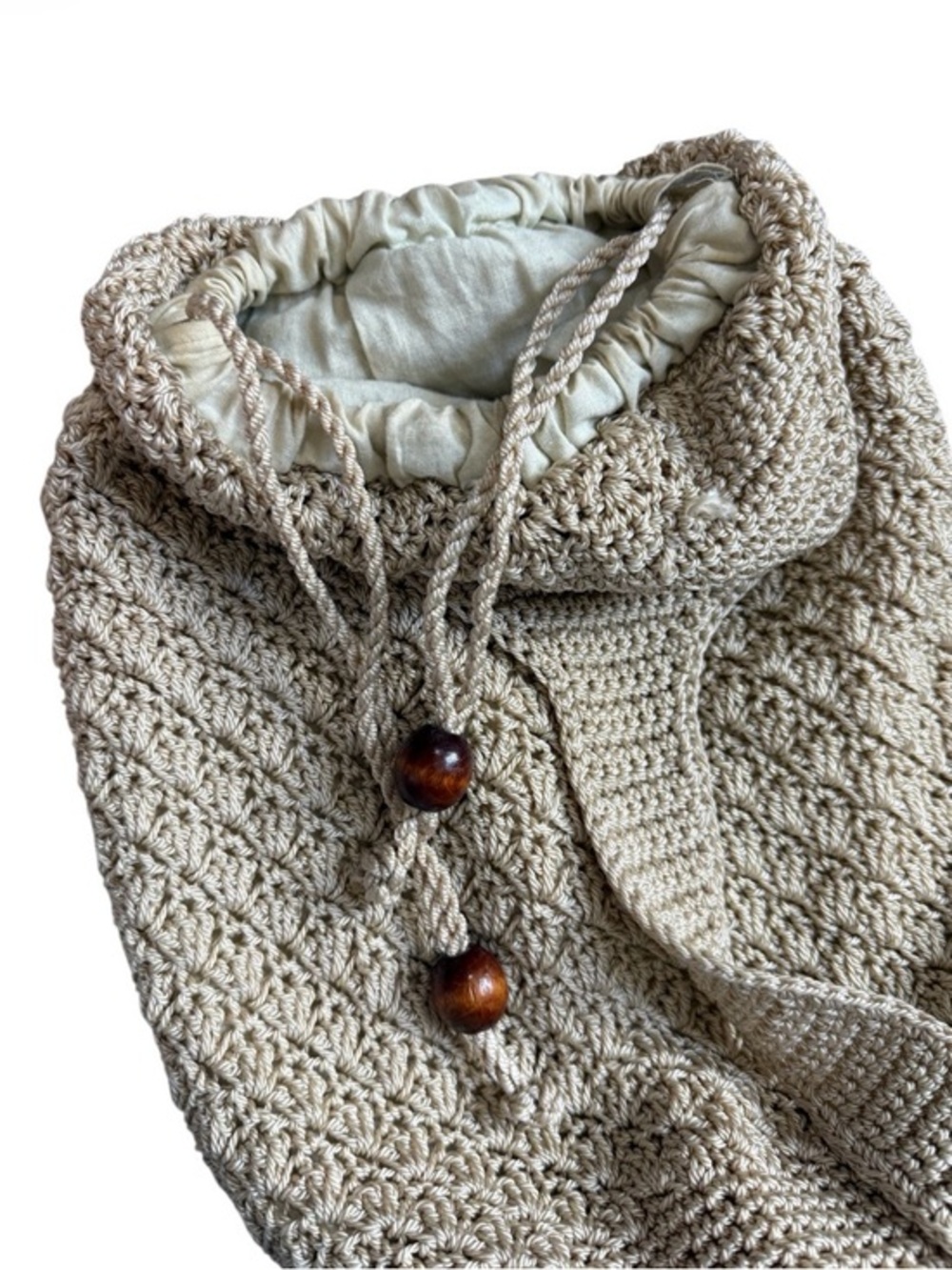 Boho Chic Natural Crochet Hobo Bag with Wood Bead Drawstring Beachy Coastal - Picture 2 of 6